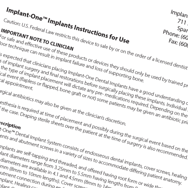 Implant One Implants Instructions for Use